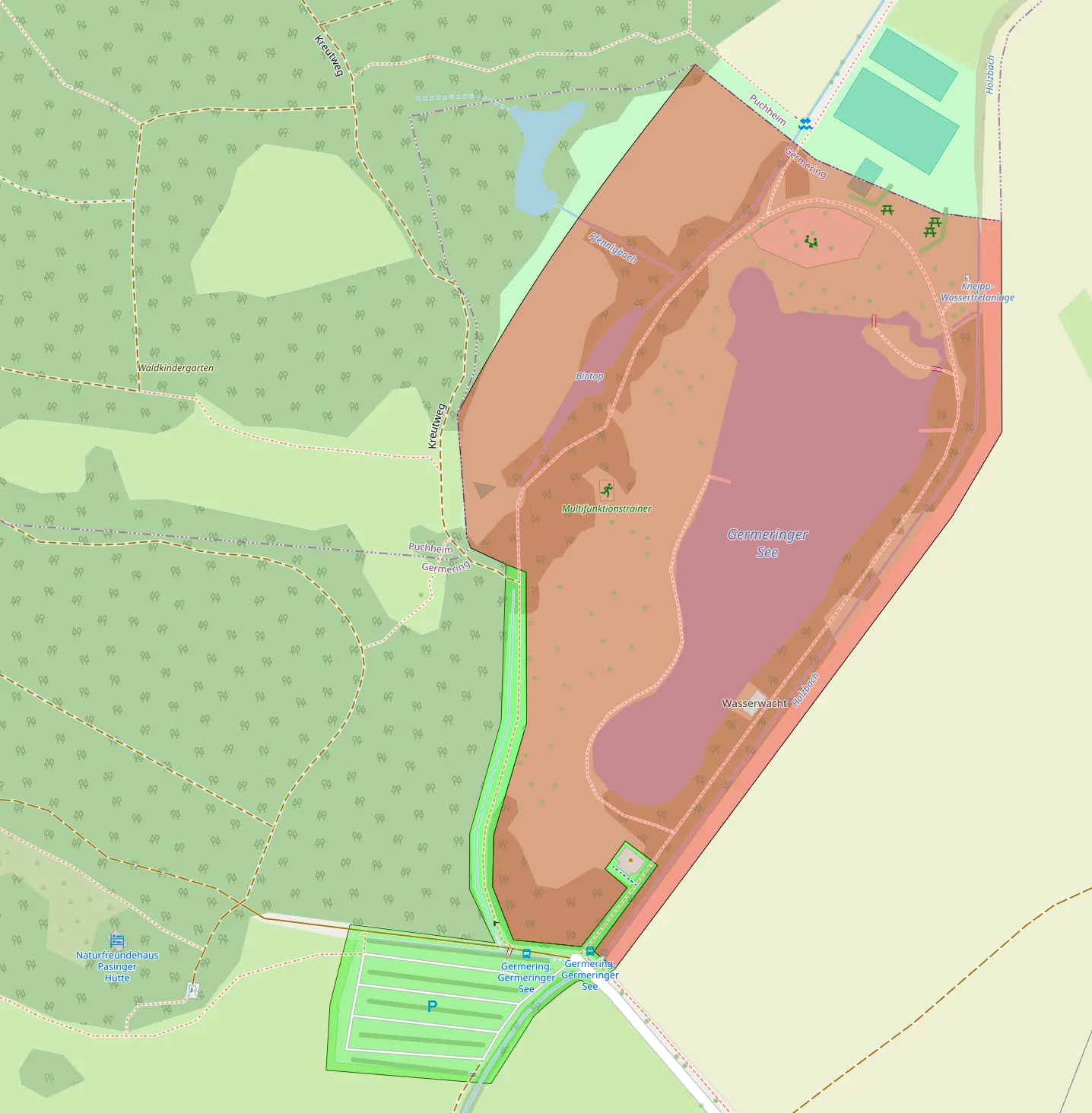 Übersichtskarte der &ldquo;Hunde-Erlaubnisaußnahmen Gebiete&rdquo; gemäß der Grünanlagensatzung der Stadt Germering, © OpenStreetMap Contributers